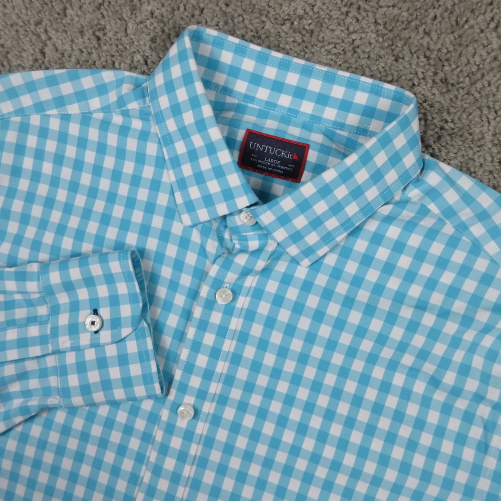 Untuckit Shirt Mens Large Blue Gingham Check Performance Nylon Stretch Button Up